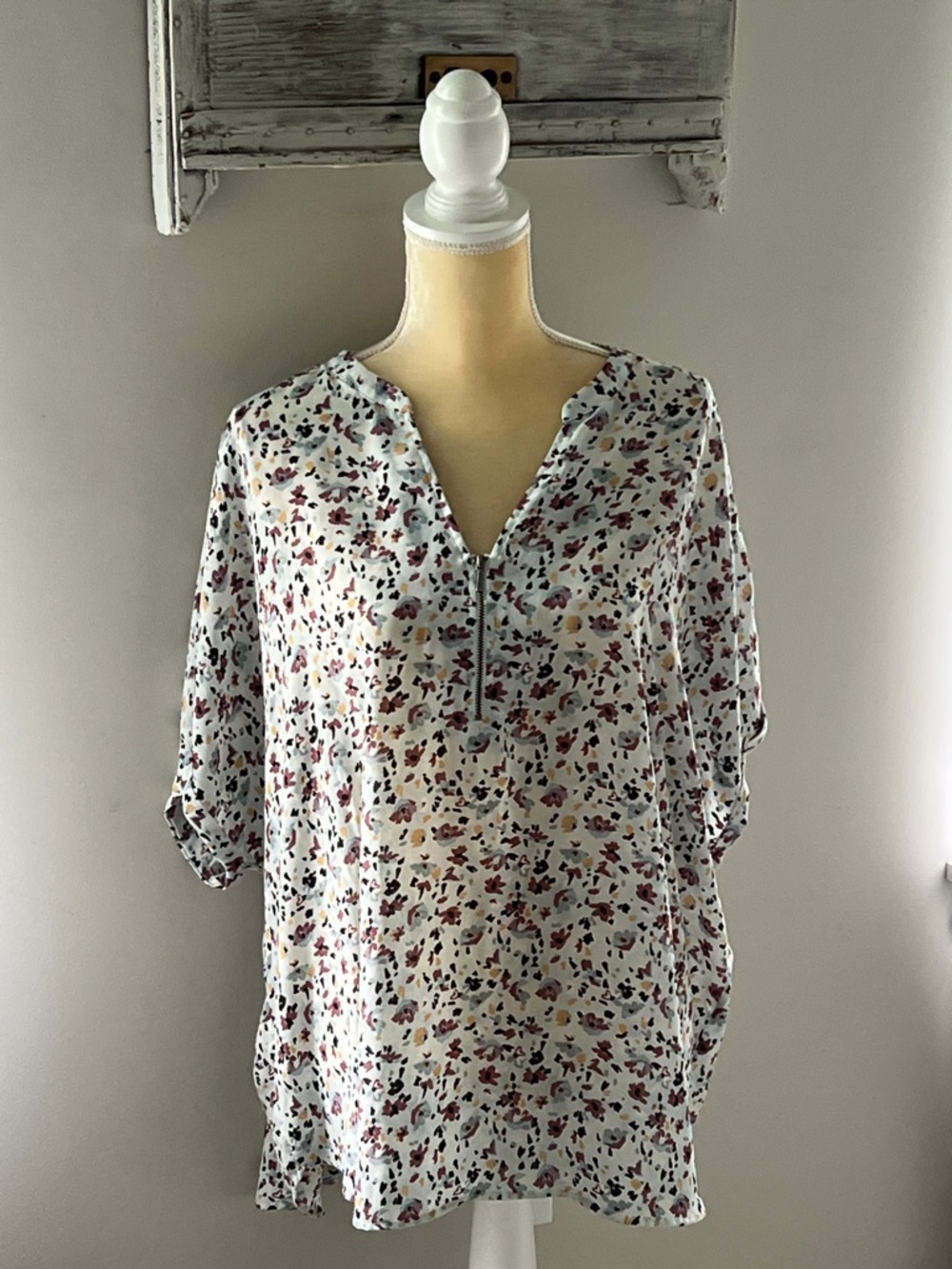 Lightweight Floral V-Neck Tunic Top - White with Multi Floral Print